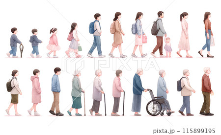 夫婦、カップル、男女、子供／様々な年齢の人のライフステージ／横向き・シルエット 115899195