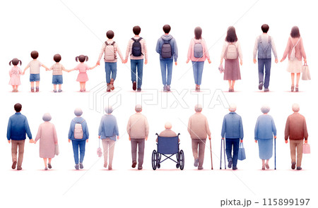 様々な年齢の人々　背中、後ろ姿　イラストセット 115899197