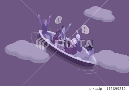 3D Isometric Flat Vector Illustration of Refugee People, Silhouettes of Refugees on Boat in Stormy Seas 3D Isometric Flat Vector Illustration of Refugee People, Silhouettes of Refugees on Boat in Stormy Seas 115899211