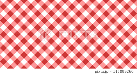 Red and white diagonal gingham or vichy pattern. Textile design. Traditional tablecloth, picnic plaid, basket napkin, towel or handkerchief print. Checkered background. Vector flat illustration 115899260