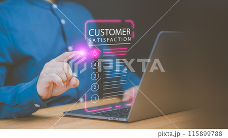 Customer experience concept, best excellent services rating by online application, member using a laptop give ratings 5 point for feedback review satisfaction service opinion and testimonial. Customer experience concept, best excellent services rating by online application, member using a laptop give ratings 5 point for feedback review satisfaction service opinion and testimonial. 115899788