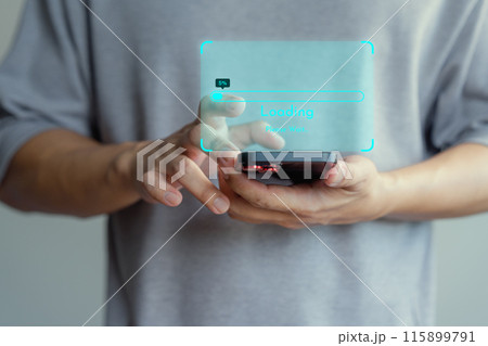 Man use a mobile phone to download and update application with waiting to upload digital file data from the website, and very slow internet. 115899791