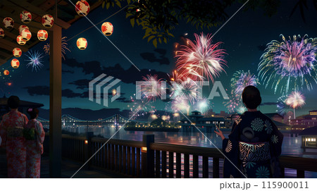 都心の花火大会を楽しむ浴衣姿の人達 115900011