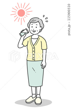 猛暑に炎天下で水分補給をするシニア女性の全身イラスト 115900310