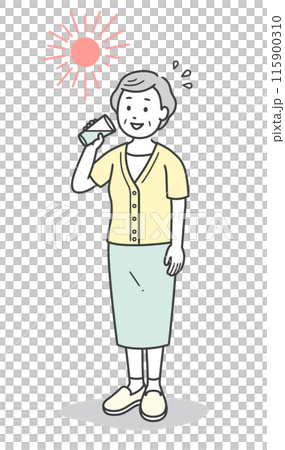 一位高級婦女在酷熱的烈日下補水的全身插圖 115900310
