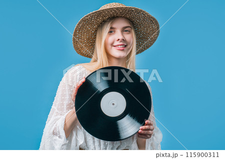 Young Blonde Woman With Vinyl Record Disc. Hobby, Music Lover, Collection Young Blonde Woman With Vinyl Record Disc. Hobby, Music Lover, Collection 115900311