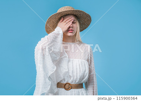 Worried confused woman, no, she forgot.Girl feeling sorrow,regret,drama, failure 115900364