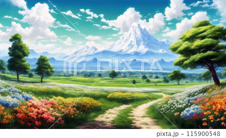 AI生成画像、青空と白い雲、裾野に広がる緑の平原に咲く花と大きな木の美しい風景 115900548