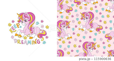 Pink unicorn illustration and seamless pattern vector set 115900636