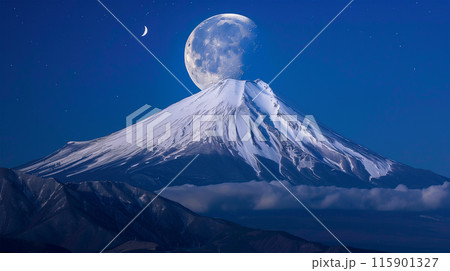 満月の夜の富士山 115901327