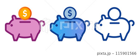 Piggy bank pig toy saving banking symbol cartoon icon set coin dollar money pink blue color 115901566