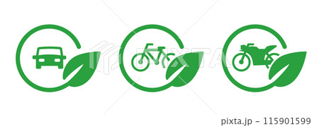 Car motorbike bike motorcycle bicycle in green leaves circle icon symbol of eco friendly environment green transportation Car motorbike bike motorcycle bicycle in green leaves circle icon symbol of eco friendly environment green transportation 115901599