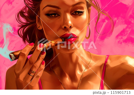 A woman is smoking a cigar while wearing a pink top 115901713