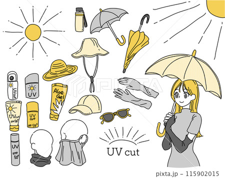 紫外線対策グッズを使う女性のイラストセット(イエロー) 115902015