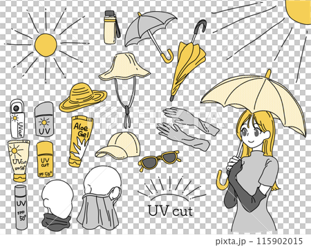 紫外線対策グッズを使う女性のイラストセット(イエロー) 115902015