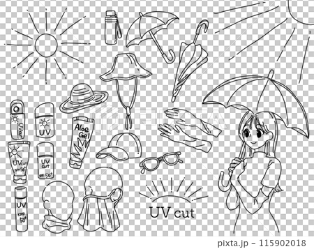 Illustration set of a woman using UV protection goods (line drawing) Illustration set of a woman using UV protection goods (line drawing) 115902018