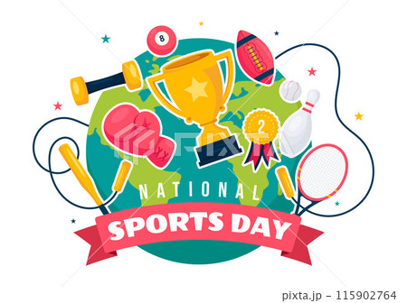 National Sports Day Vector Illustration featuring Athletes from Various Sports and Equipment in a Flat Style Cartoon Background 115902764