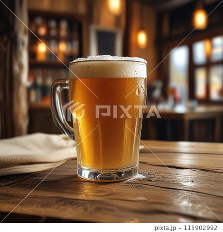 居酒屋のカウンターに置かれたビール 115902992
