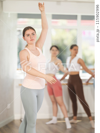 Young girl demonstrating ballet positions during choreography classes 115902996