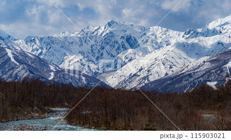雪の北アルプスと松川　長野県白馬村 115903021