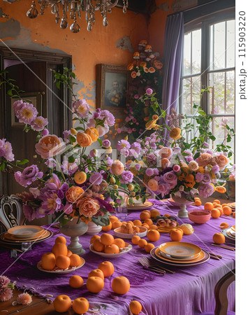 A creative arts decoration featuring a table with purple flowers and oranges on it, adding a pop of color to the interior design. The vibrant petals enhance the beauty of the window display 115903220
