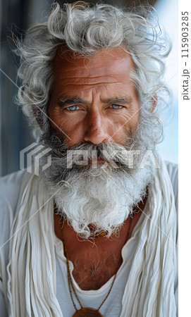 An elder man with curly hair and a beard is seen wearing a white scarf around his neck. His face shows no expression, just a hint of a moustache and some wrinkles 115903285