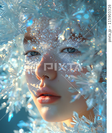 A close up of a womans face with delicate snowflakes on her nose, eyebrows, and eyelashes. The snowflakes melt into water, making her happy against the backdrop of the sky A close up of a womans face with delicate snowflakes on her nose, eyebrows, and eyelashes. The snowflakes melt into water, making her happy against the backdrop of the sky 115903316