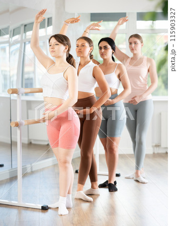 Motivated girl mastering fourth position at ballet class Motivated girl mastering fourth position at ballet class 115903327