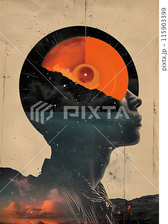 A contemporary double exposure painting depicting a mans head with a record in it, blending tints and shades to create a modern art piece 115903399
