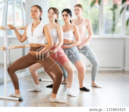 Girl performing demi plie during group barre fitness session 115903425