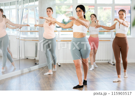 Young girl practicing basic ballet movements at group class Young girl practicing basic ballet movements at group class 115903517