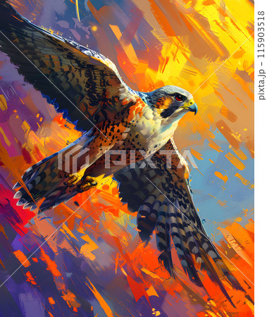 A vibrant painting featuring a majestic bird with sharp beak and outstretched wings soaring through the sky, above a peaceful water surface where a turtle and a reptile rest 115903518