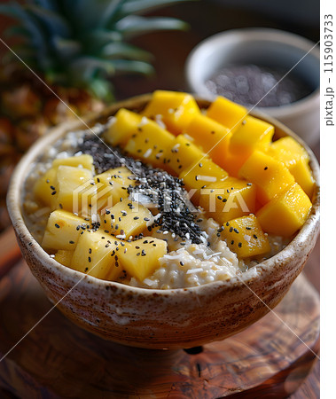 A comforting bowl of oatmeal topped with delicious pineapple and mango, a nutritious and satisfying dish combining plantbased ingredients in a staple food recipe 115903733