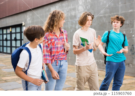 Four teenagers talking about play on walk in street Four teenagers talking about play on walk in street 115903760