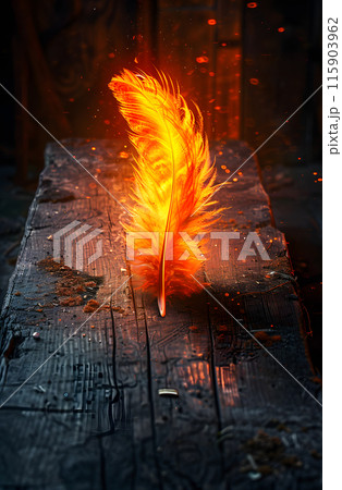A flaming feather is resting on a wooden table, emanating heat and light. The fiery event contrasts with the darkness, creating a captivating art piece 115903962