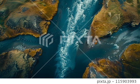 An aerial view of a waterfall cascading in the middle of a river, surrounded by towering mountains. The electric blue water creates a stunning natural landscape perfect for leisure and recreation An aerial view of a waterfall cascading in the middle of a river, surrounded by towering mountains. The electric blue water creates a stunning natural landscape perfect for leisure and recreation 115903993