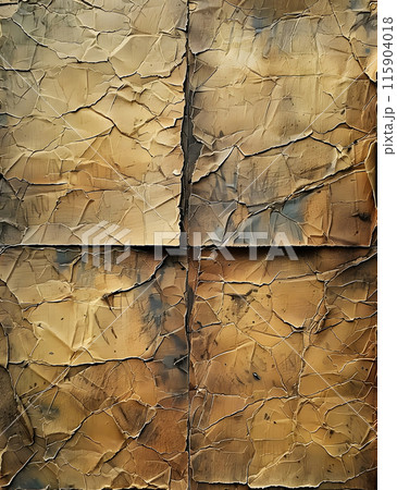 A closeup image of a brown rectangular brick wall with cracked texture. The tints and shades create a unique pattern, resembling wood flooring. The symmetry of the cracks gives it a rustic look 115904018