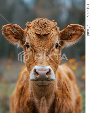 A terrestrial animal with brown hair and a fawn head, standing in a field of flowers. Its eye is focused on the camera, creating a serene landscape with natural materials 115904104