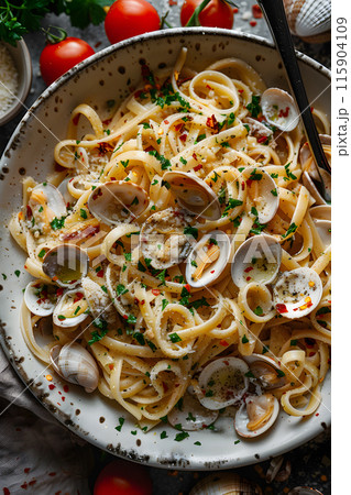 A dish of pasta with clams and tomatoes, a staple food, on a table. This recipe combines pasta, seafood, and vegetables for a delicious meal 115904109