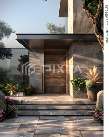 A modern house with a wooden door is set against a backdrop of lush landscape. The sky above complements the warm wood tones of the fixture, creating a serene residential area 115904138