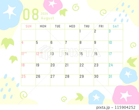 2024年8月のカレンダー あさがお柄 2024年8月のカレンダー あさがお柄 115904252