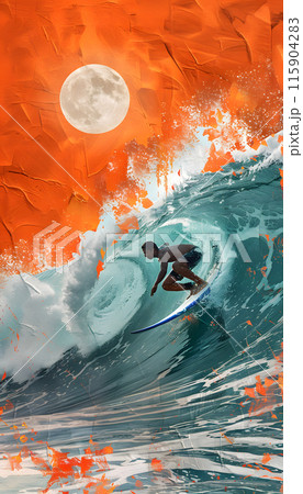 A man is riding a wind wave on a surfboard in the liquid expanse of the ocean, creating a beautiful painting of a geological phenomenon in motion 115904283