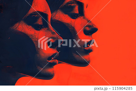 An artistic representation of a womans face through double exposure, showcasing elements like nose, jaw, and neck, blending human body features with art and entertainment in a captivating way 115904285