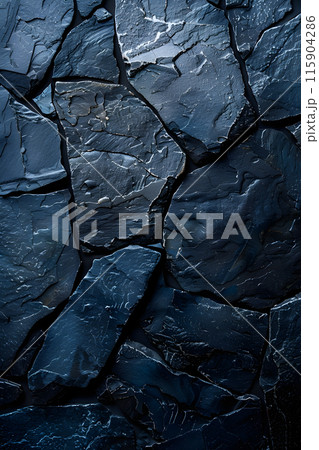 An intricate pattern of grey bedrock rectangles, resembling cobblestone flooring, creates a striking contrast against the electric blue road surface made of composite material 115904286