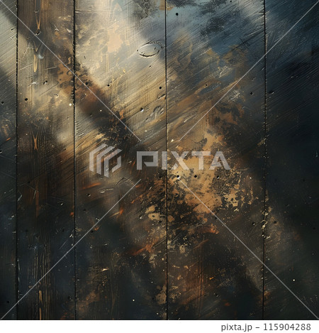 The sunlight filters through the wooden boards, casting tints and shades on the forest landscape. The sky above is dotted with clouds, creating a beautiful pattern of light and shadow 115904288