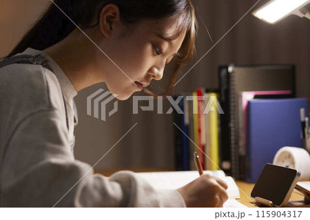 自室にて受験勉強をする女子高生 自室にて受験勉強をする女子高生 115904317