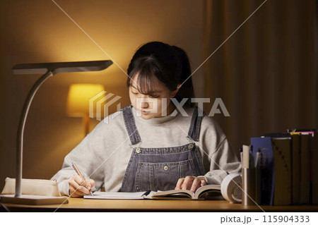 自室にて受験勉強をする女子高生 115904333