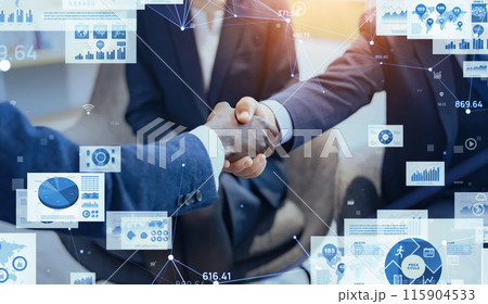 握手する多国籍ビジネスパーソンとビジネスデータ 115904533