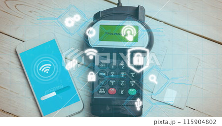 Image of wi fi icons over smartphone and payment terminal 115904802