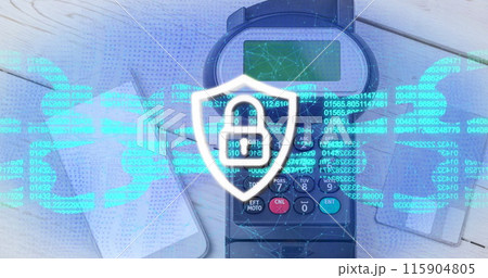 Image of block chain and security padlock on shield over payment terminal 115904805